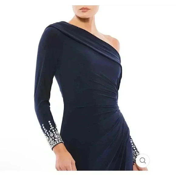 Mac Duggal Maxi Long Gown 4 Navy Beaded Off Shoulder Faux Wrap Wedding Gala - Picture 3 of 16